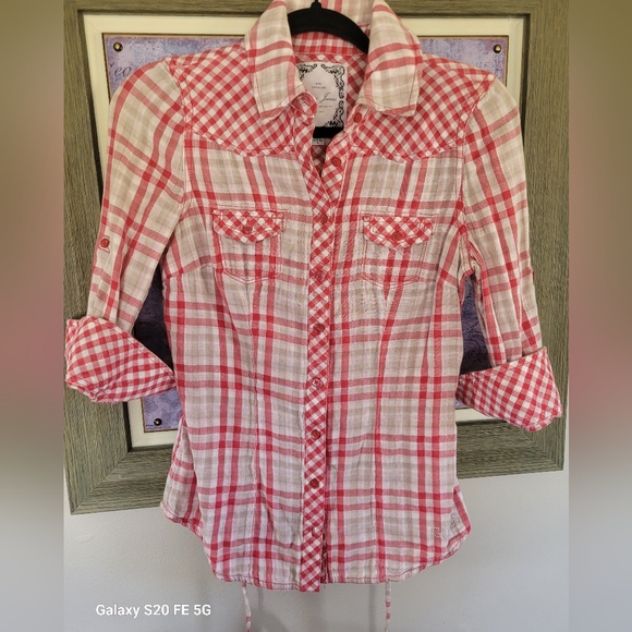 Guess Tops - Guess Western Red and White Plaid Button Down Shirt